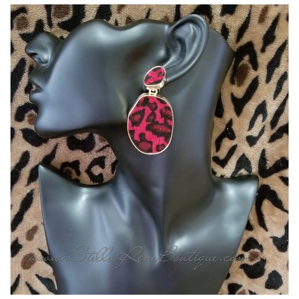 Red Faux Fur Leopard and Gold Earrings